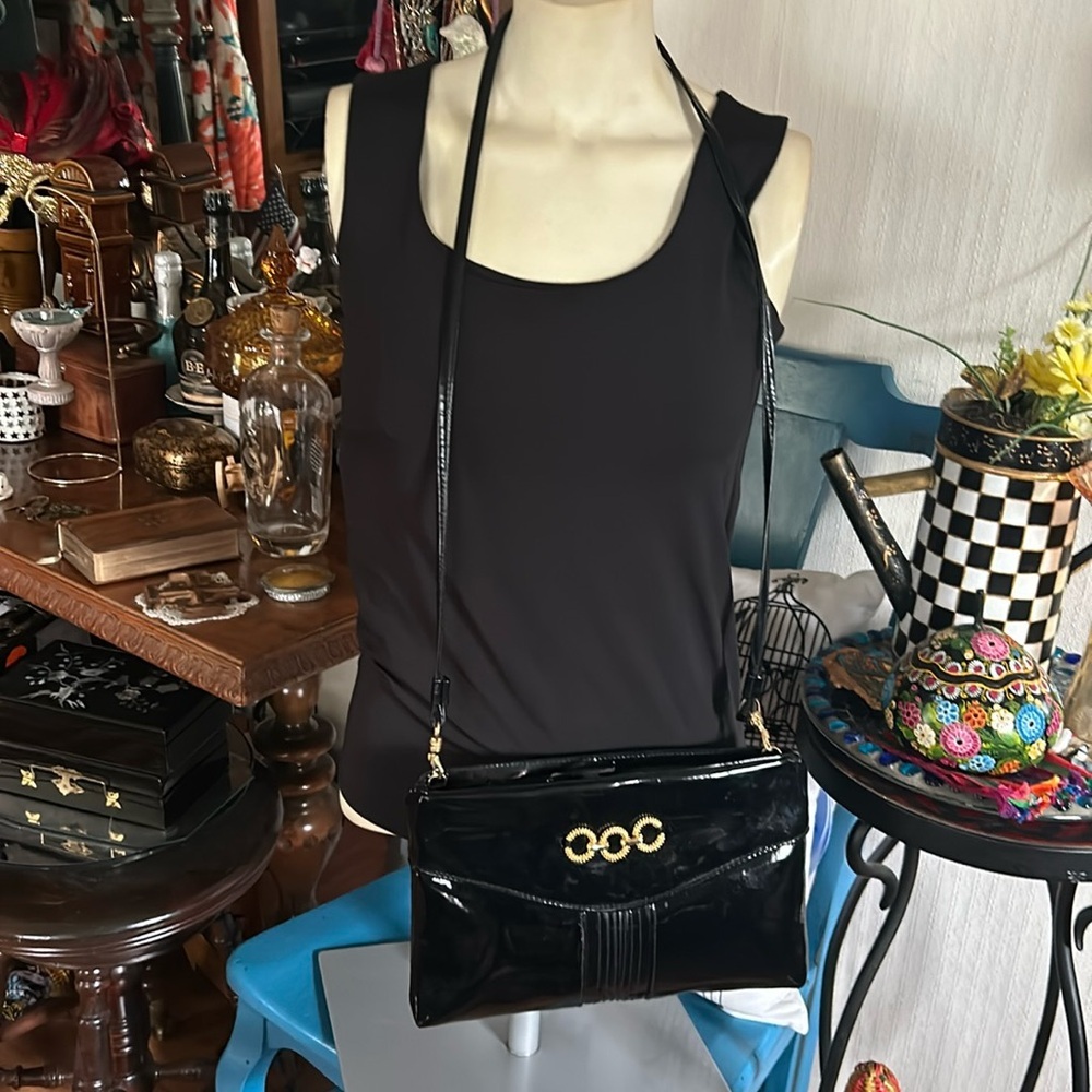 Vintage Black Patent Leather Purse with Gold Ring Accent